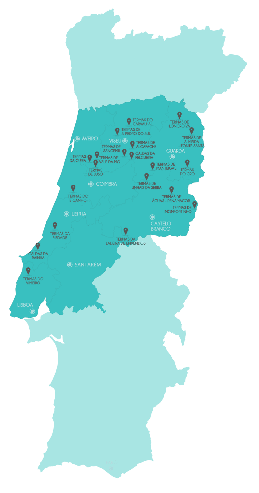 Mapa do Centro de Portugal com a localização das vinte termas da rede.